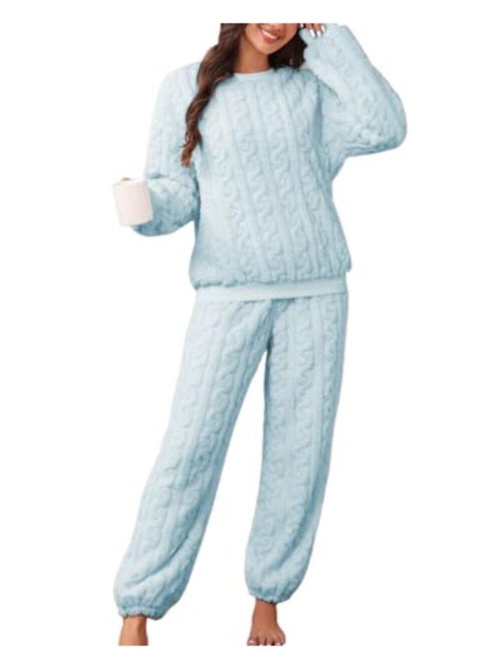 Women's Fleece Pajama Set Ribbed Cuffs Warm Plush Lounge Sleepwear